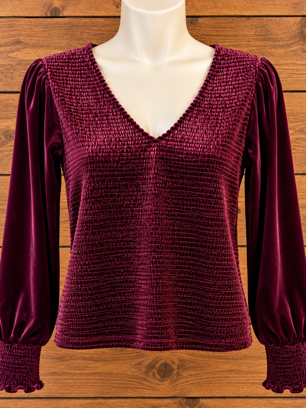 1. State Smocked Velvet V-Neck Top - Wine